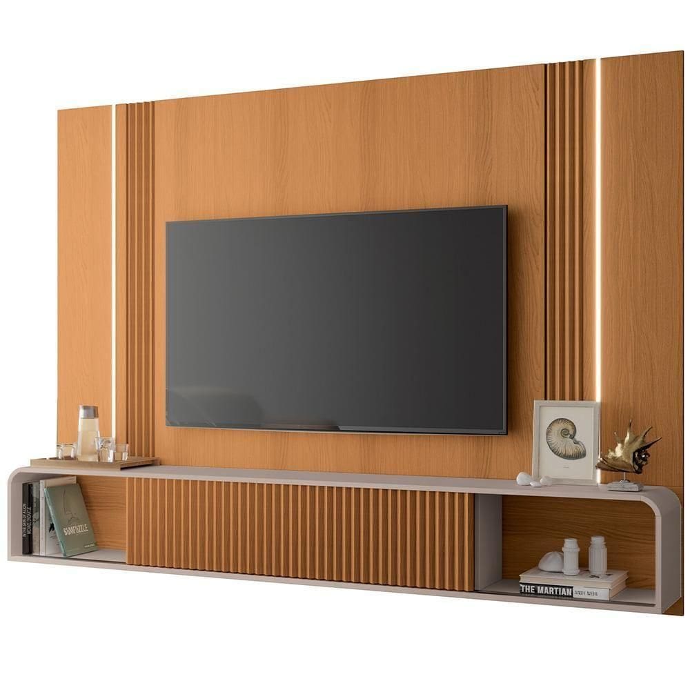 Painel Para Tv 85 Pol Com Bancada Suspensa E Led Zurick B01 Cinamomo Off White