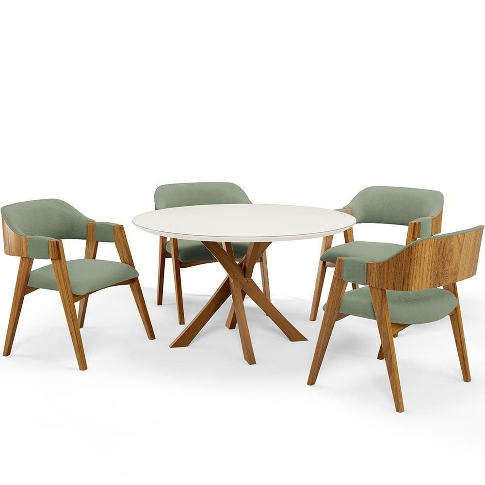 Mesa De Jantar Redonda Cora 120cm Off White M04 Com 04 Cadeiras Living Suran Bouclê Oliva - Lyam