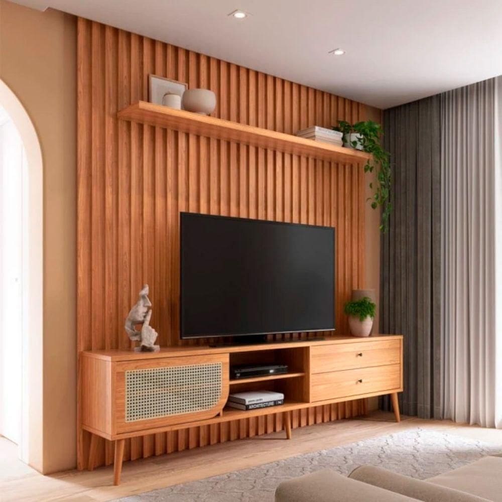 Rack Com Painel Para Tv Até 75 Polegadas 2 Gavetas 1 Porta Ripado Freijó