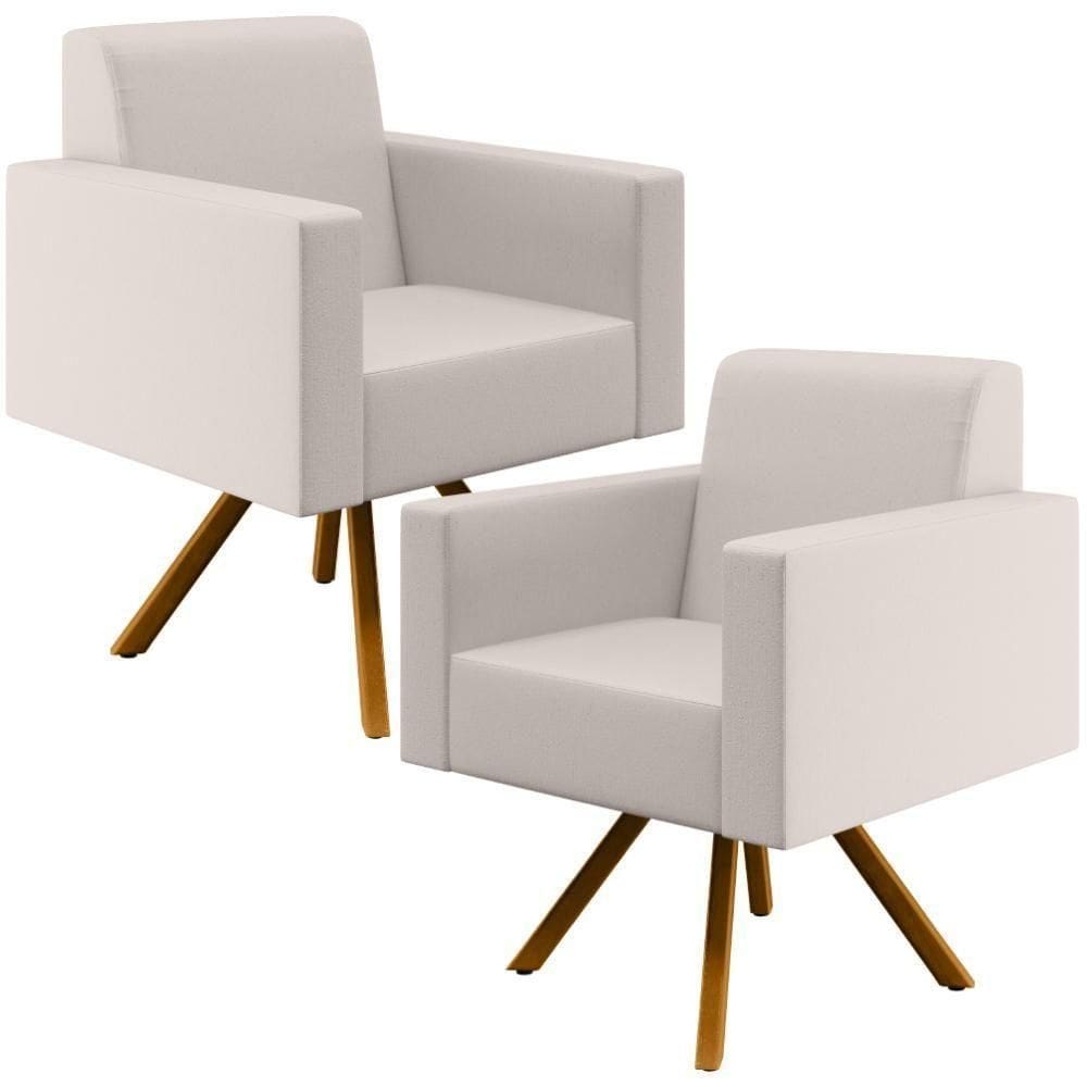 Kit 02 Poltronas Base Giratória De Madeira Helô L02 Cru