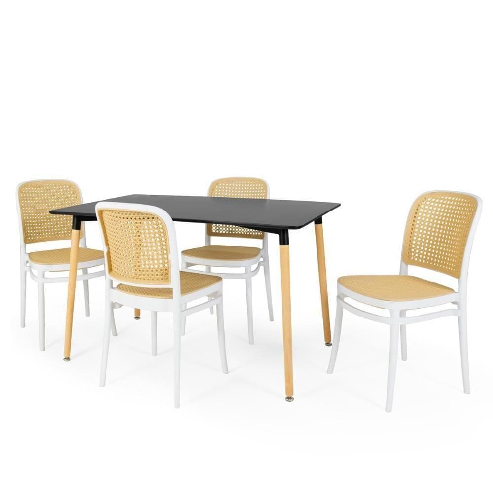 Conjunto Mesa De Jantar Retangular Eiffel Preta 120x80cm Com 4 Cadeiras Roma - Branco