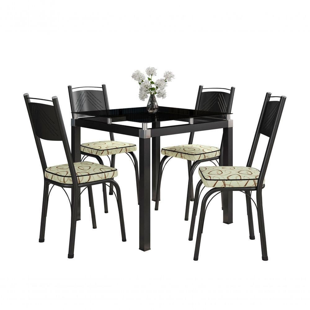 Conjunto De Mesa Tubular Malva Com 4 Cadeiras 151 Tampo De Vidro 75Cm Preto Assento Cedro Artefamol