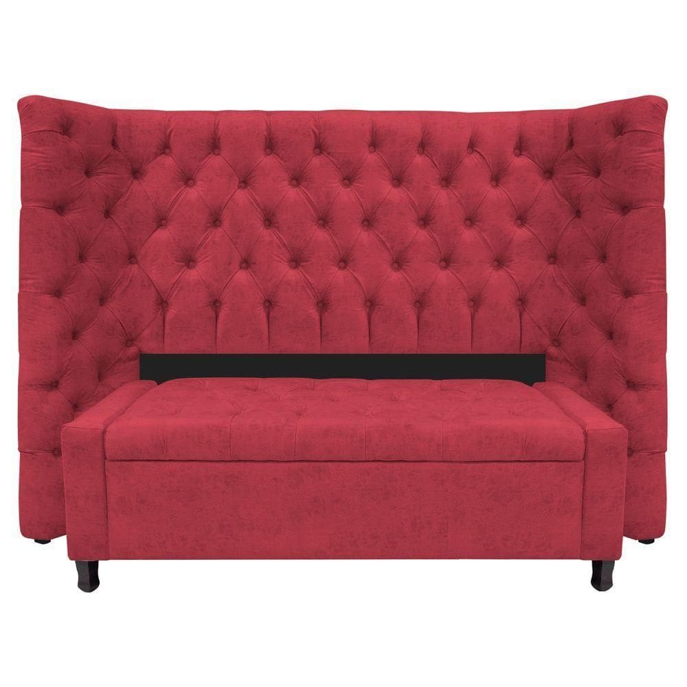 Kit Cabeceira e Calçadeira Baú Casal Everest P02 140cm Para Cama Box Suede Vermelho