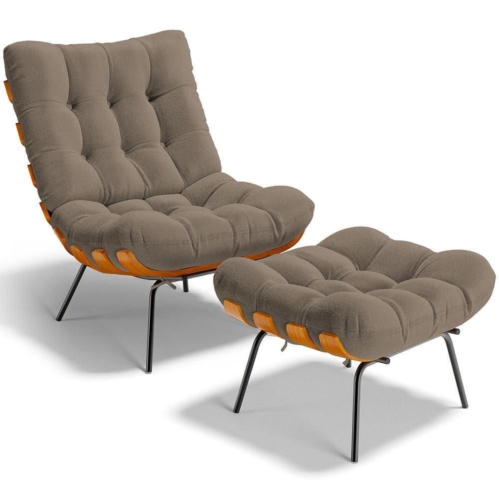 Poltrona Costela L02 Com Puff Bouclê Bege - Lyam Decor
