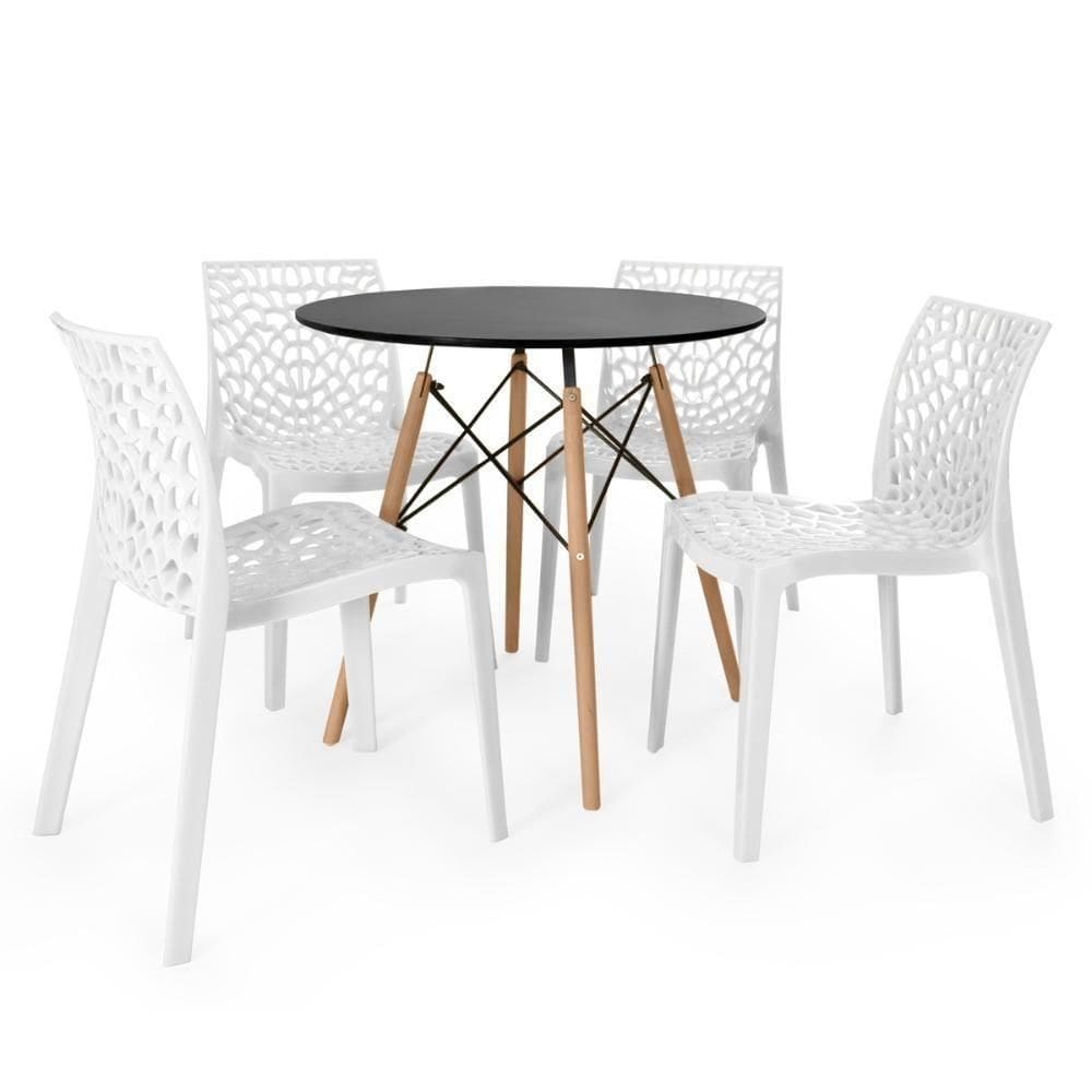Conjunto Mesa De Jantar Redonda Eiffel Preta 80cm Com 4 Cadeiras Gruvyer - Branco