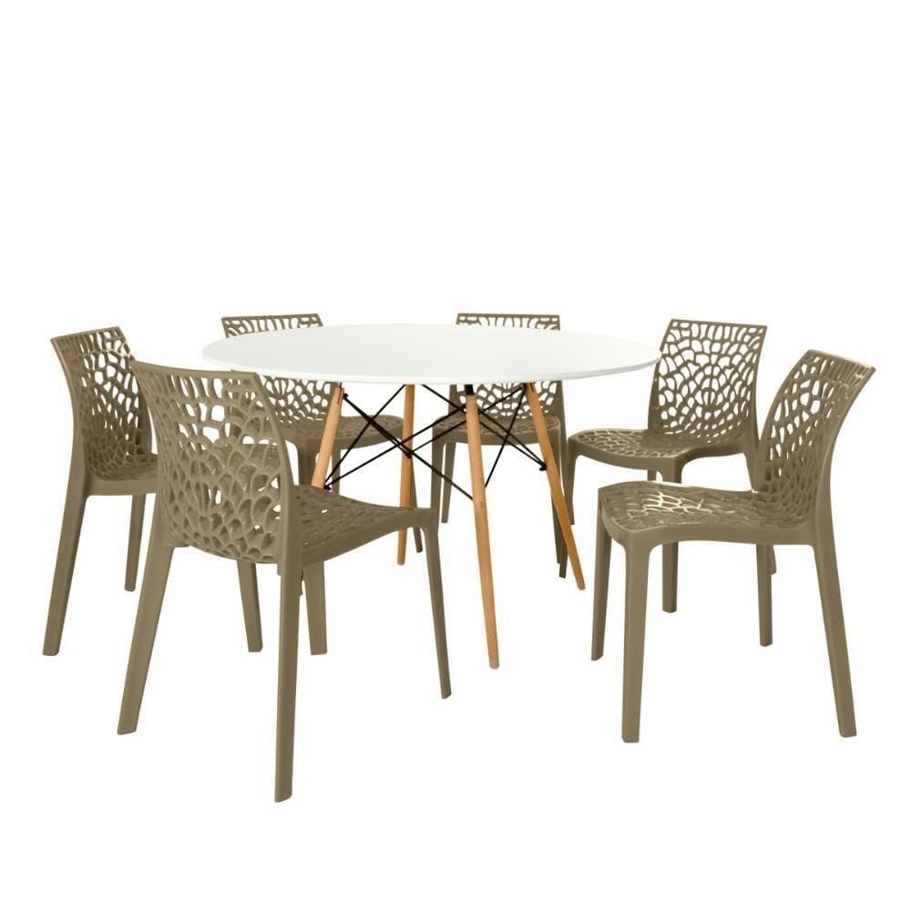 Conjunto Mesa De Jantar Redonda Eiffel Branca 120cm Com 6 Cadeiras Gruvyer - Nude
