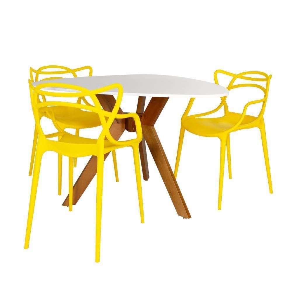 Conjunto Mesa De Jantar Orgânica Nina 120cm Branca Com 3 Cadeiras Allegra - Amarelo