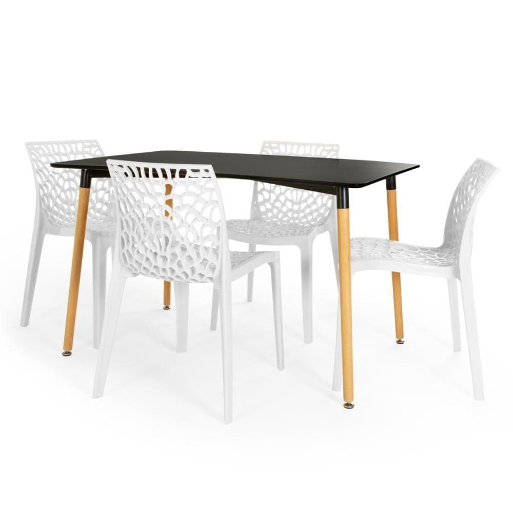 Conjunto Mesa De Jantar Retangular Eiffel Preta 120x80cm Com 4 Cadeiras Gruvyer - Branco