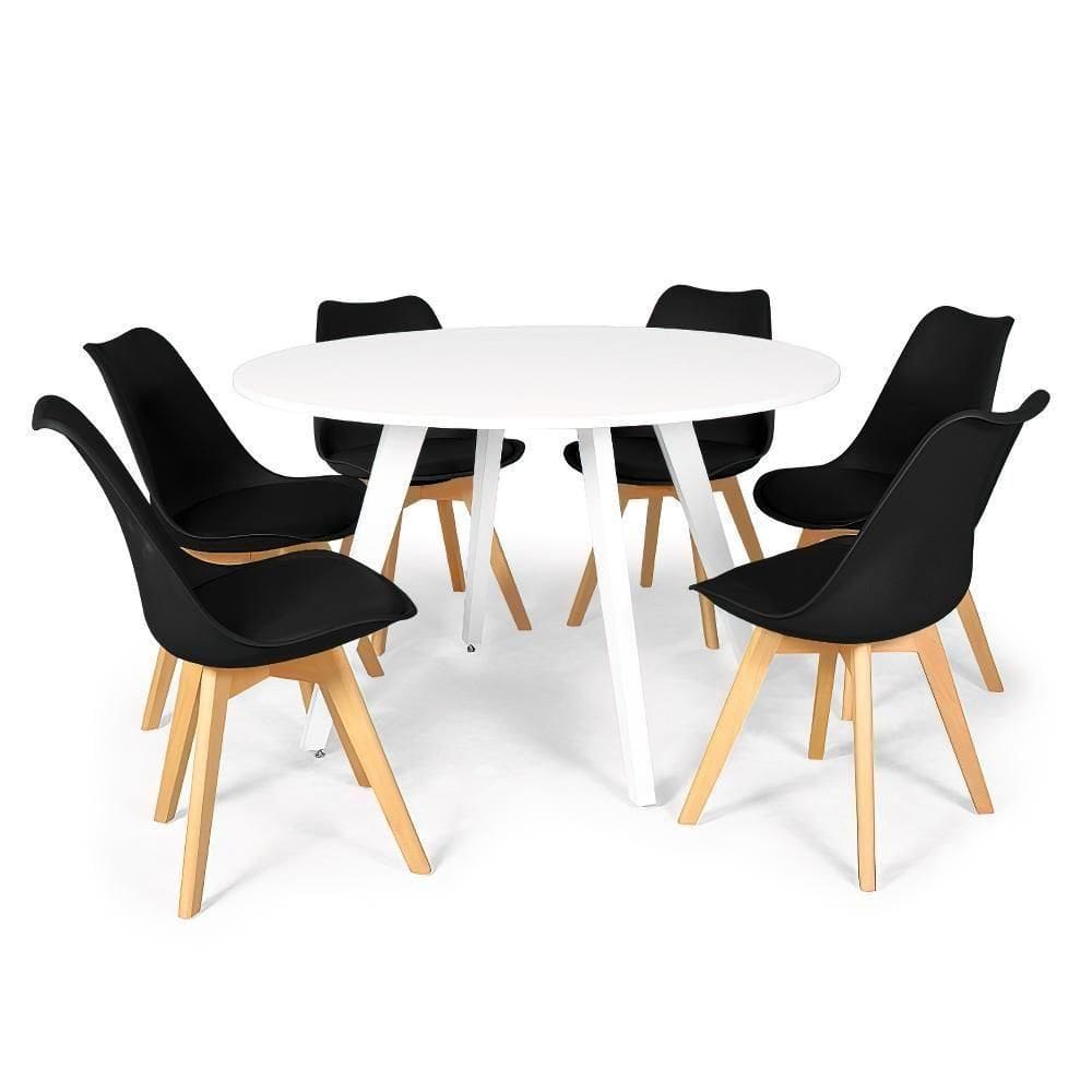 Conjunto Mesa De Jantar Redonda Amanda Branca 120cm Com 6 Cadeiras Eiffel Leda - Preto