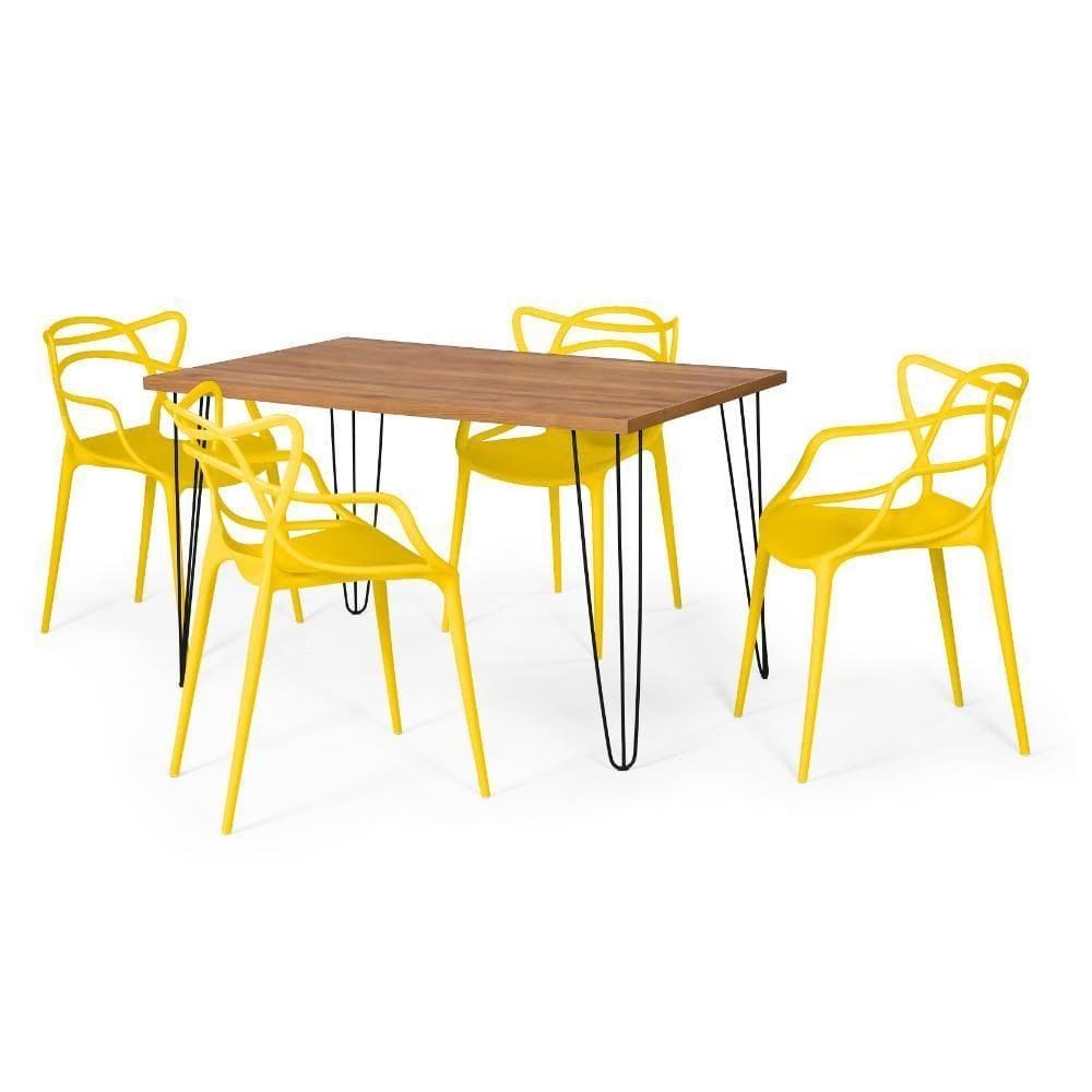 Conjunto Mesa De Jantar Retangular Hairpin Natural 130x80cm Com 4 Cadeiras Allegra - Amarelo