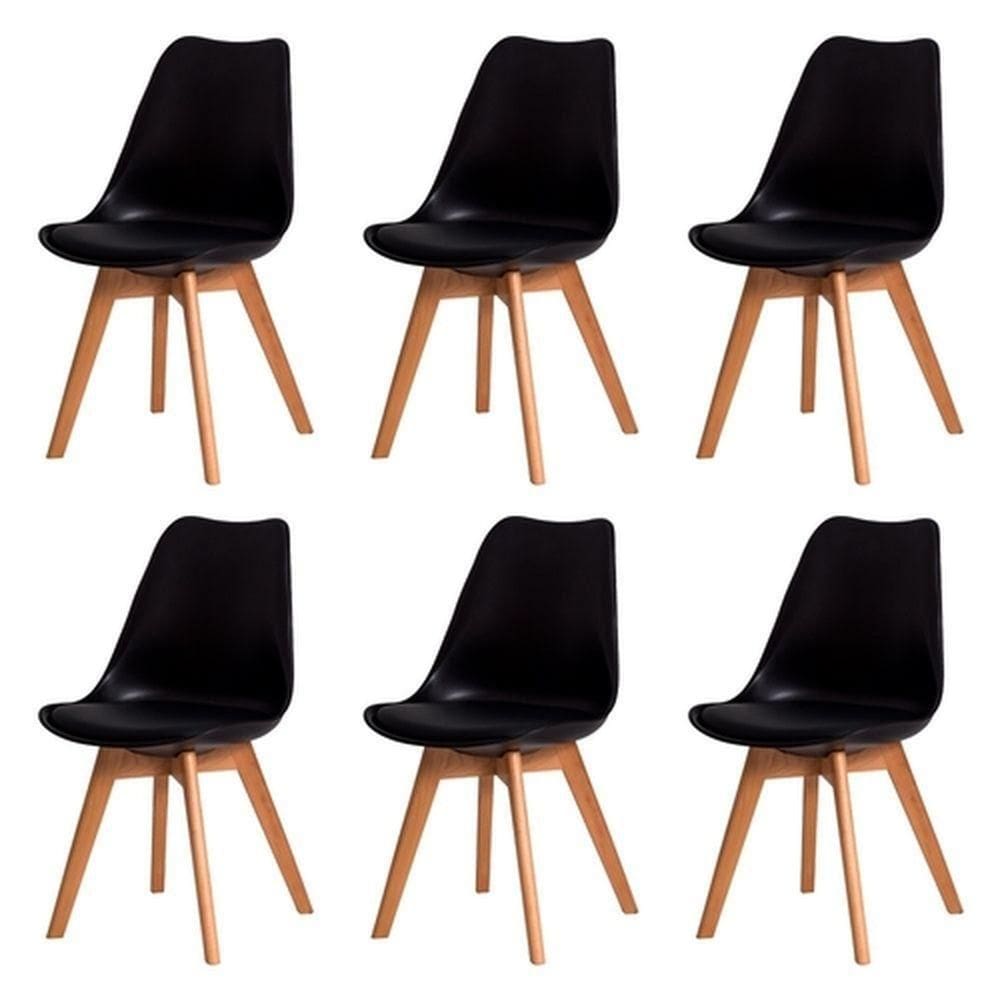 Kit 6 Cadeiras Leda Charles Eames Saarinen Wood Preta