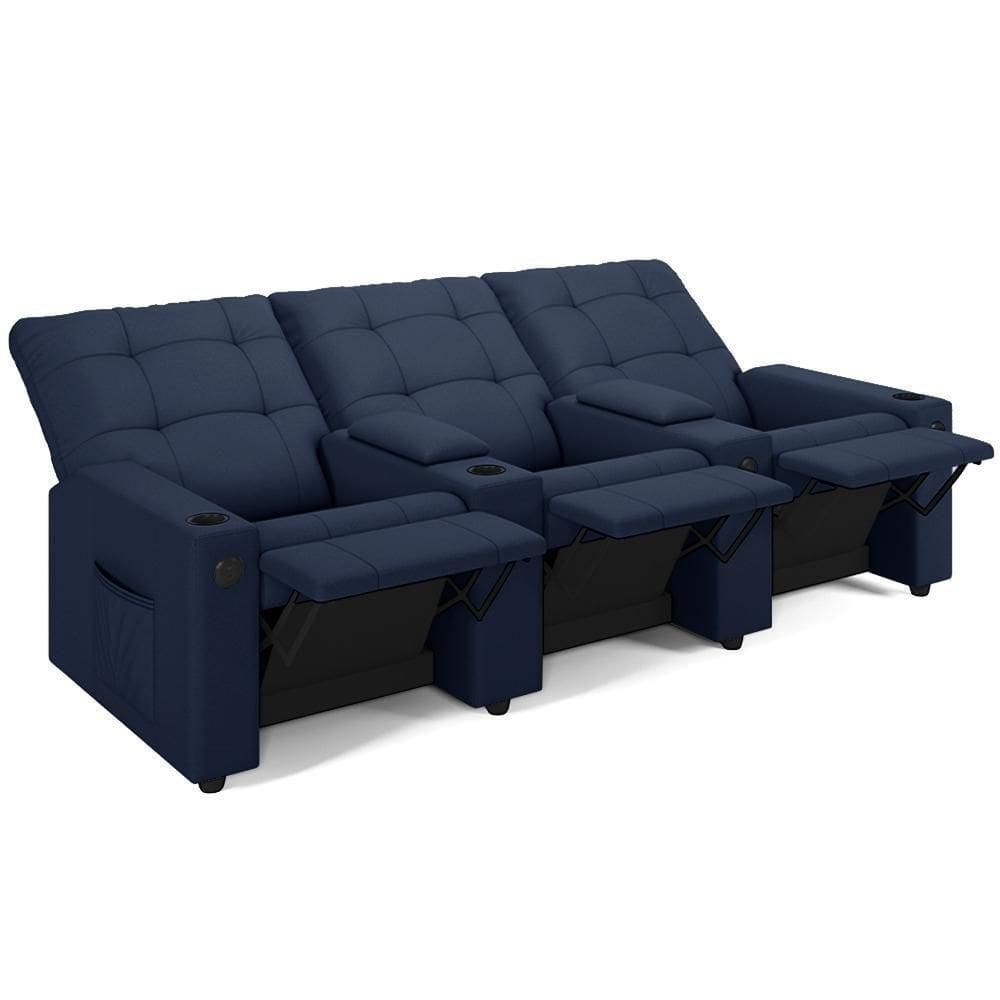 Poltrona Do Papai Reclinável Cinema 3 Lugares Manual Baú Usb Haifa F05 Facto Azul - Lyam Decor