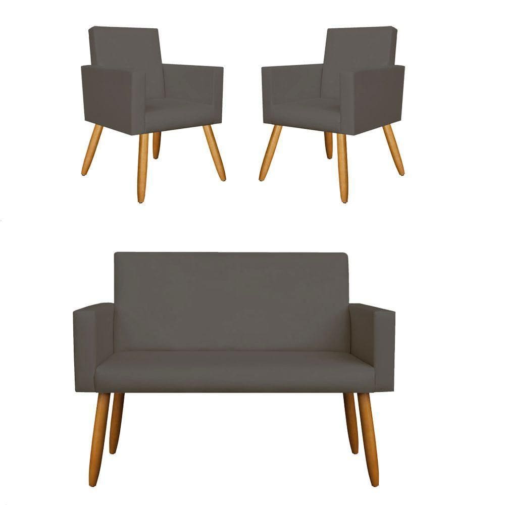 Kit Namoradeira + 02 Poltronas Decorativas Courino Cinza