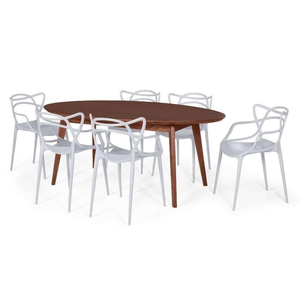 Conjunto Mesa De Jantar Oval Vértice Nozes 190Cm Com 6 Cadeiras Allegra - Cinza