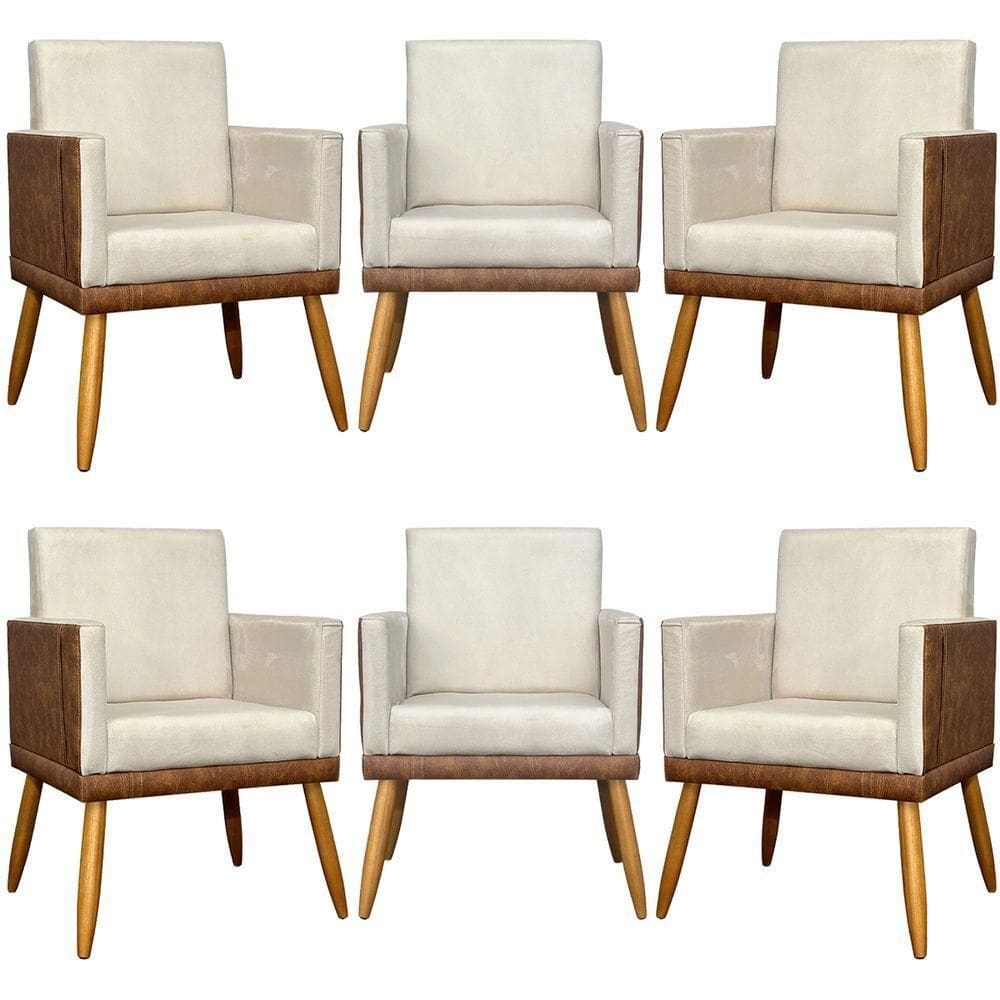 Kit 6 Poltronas Decorativas Para Escritório Lis Corino e Pé 30cm - Bege Suede Corino