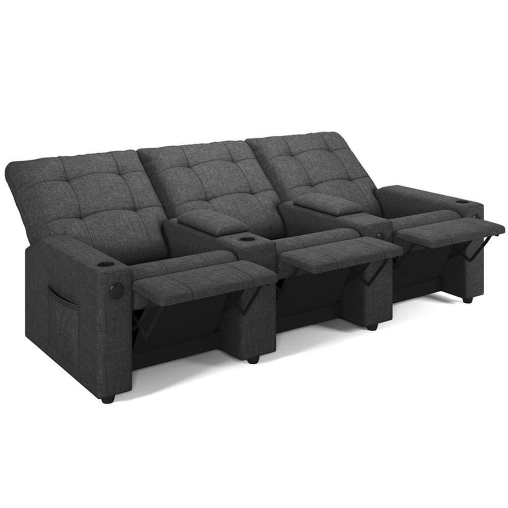 Poltrona Do Papai Reclinável Cinema 3 Lugares Manual Baú Usb Haifa F05 Linho Chumbo - Lyam Decor