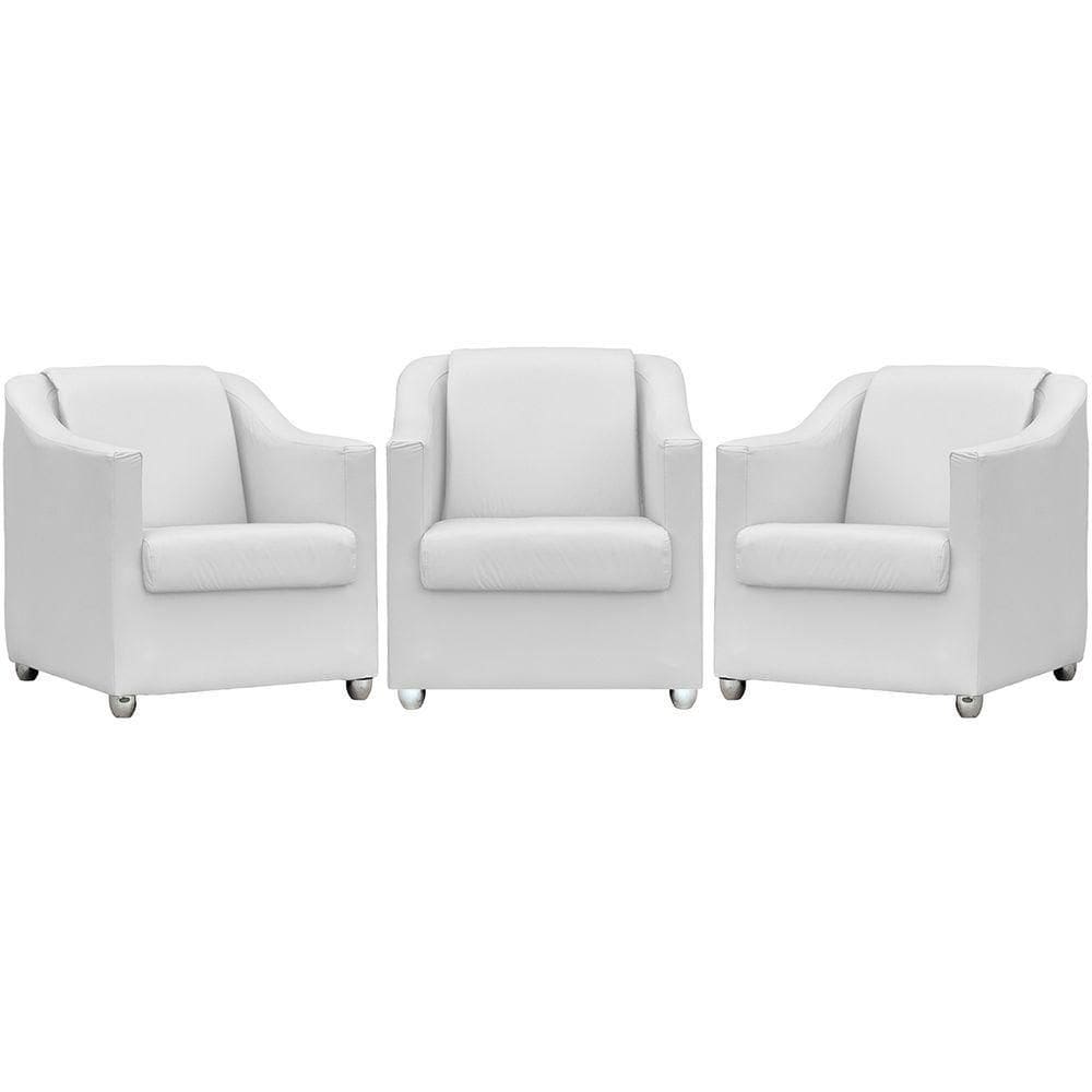 Kit 3 Poltronas Mila Corino Cores Pé De Plástico Cromado - Branco Corino