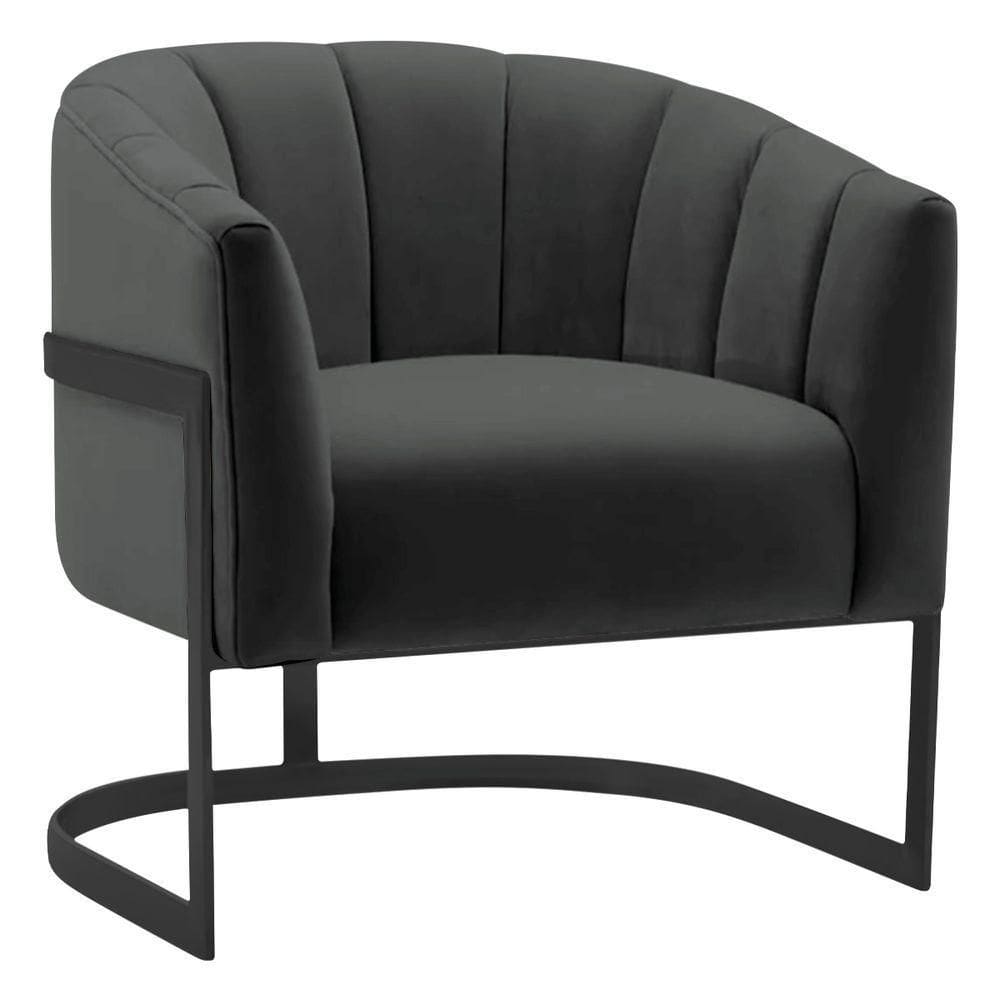 Poltrona Decorativa Sala De Estar Recepção Mavie Base De Ferro Preto Suede Adj Decor Cinza Escuro