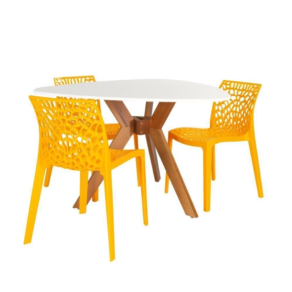 Conjunto Mesa De Jantar Orgânica Nina 120cm Branca Com 3 Cadeiras Gruvyer - Amarelo