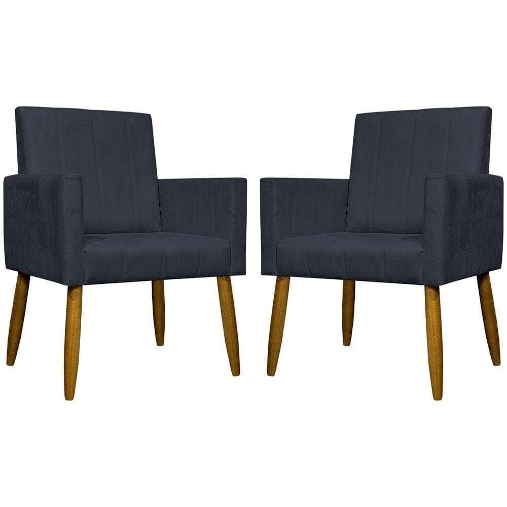 Kit 2 Poltronas Decorativa Para Sala Mari Suede Preto Pé Palito 30 Cm Castanho - Preto, Suede