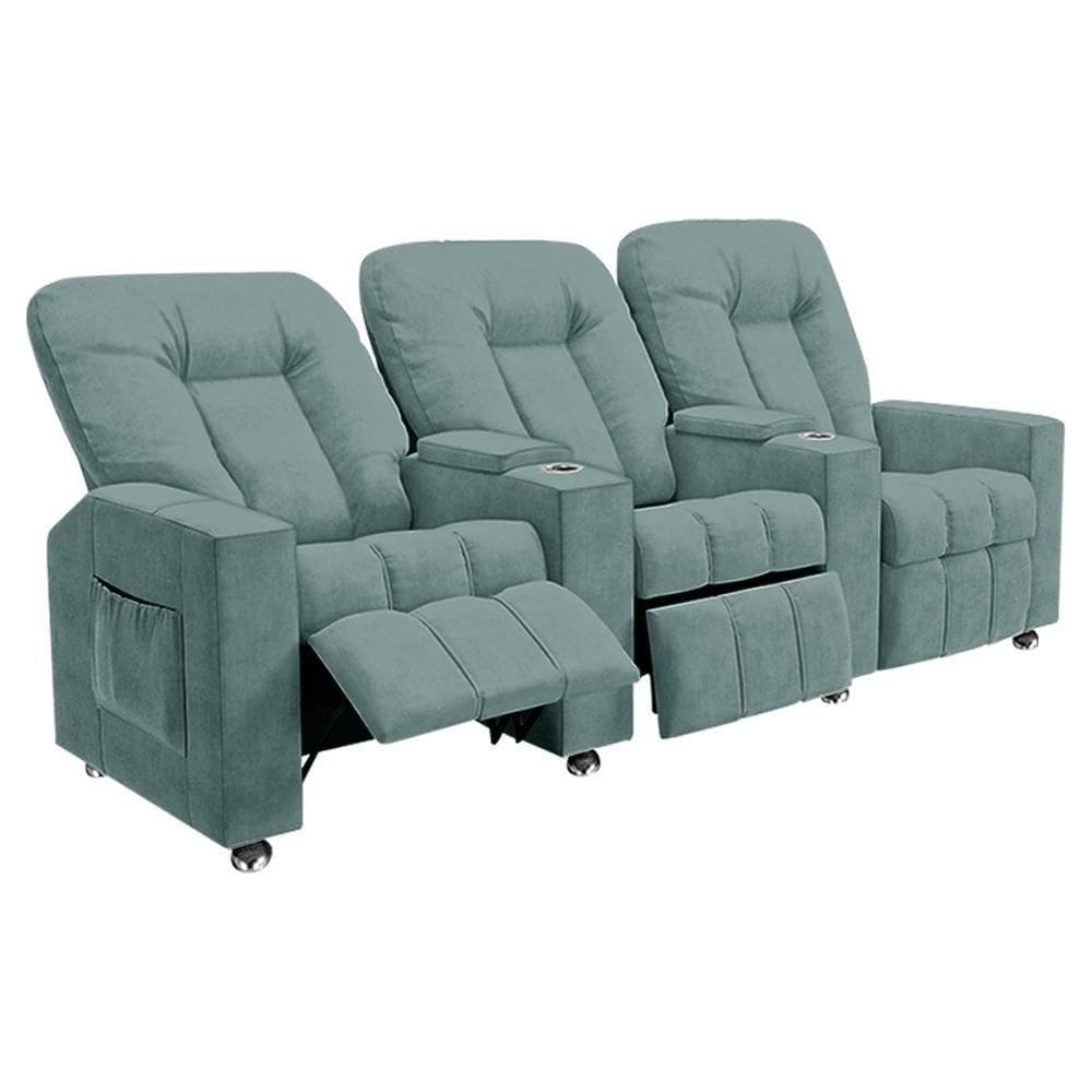 Poltrona Reclinável 3 Lugares Para Sala De Cinema Romeo F05 Veludo Azul Claro