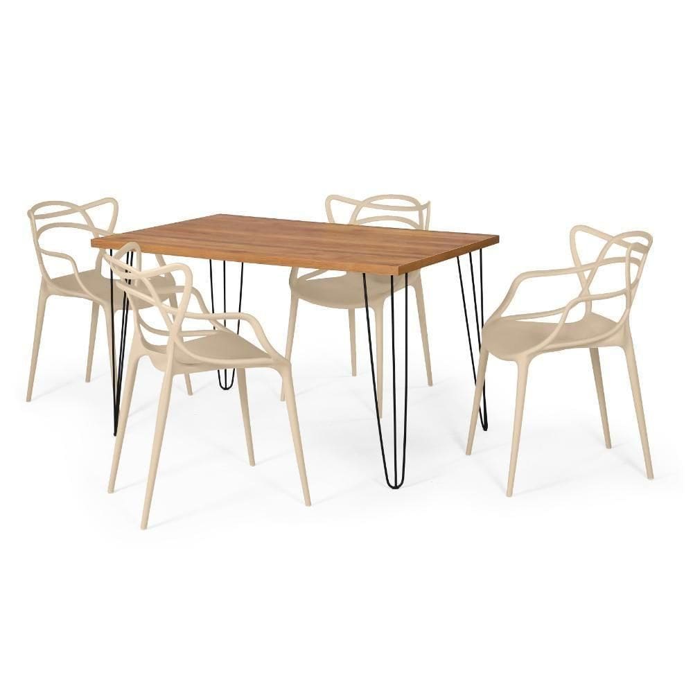 Conjunto Mesa De Jantar Retangular Hairpin Natural 130x80cm Com 4 Cadeiras Allegra - Nude