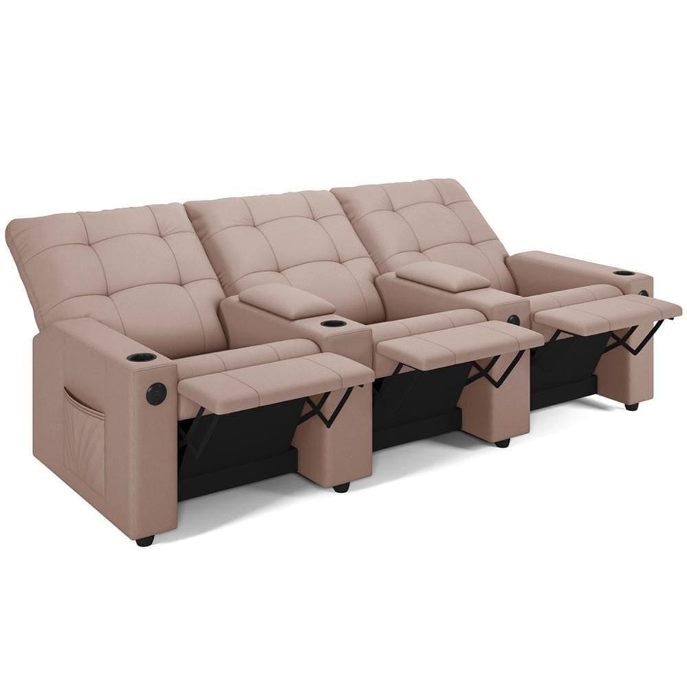 Poltrona Do Papai Reclinável Cinema 3 Lugares Manual Baú Usb Haifa F05 Veludo Rosê - Lyam Decor