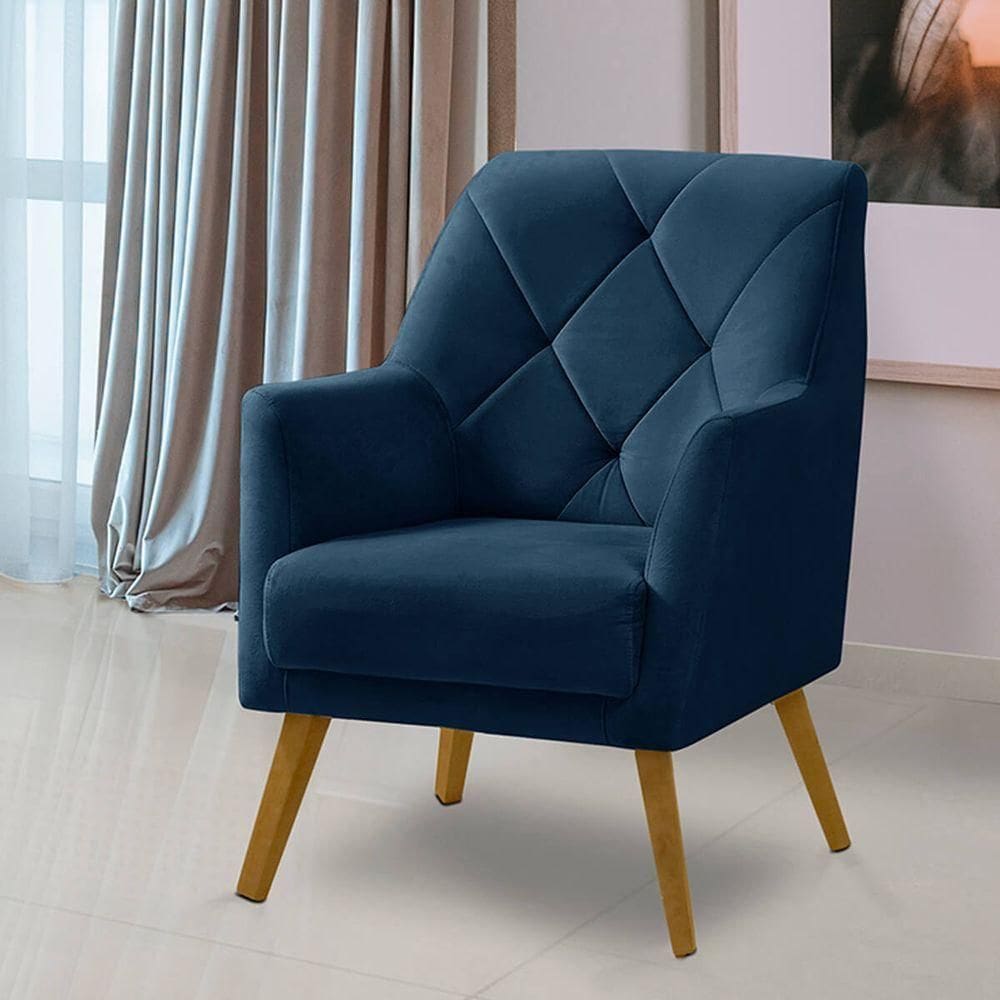 Poltrona Decorativa Bordada Magali Veludo Azul Marinho Lansofbr