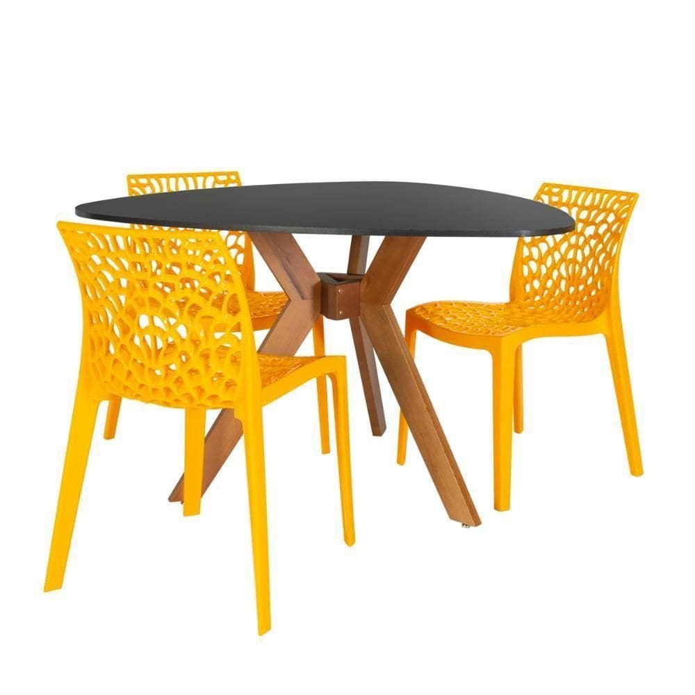 Conjunto Mesa De Jantar Orgânica Nina 120cm Preta Com 3 Cadeiras Gruvyer - Amarelo