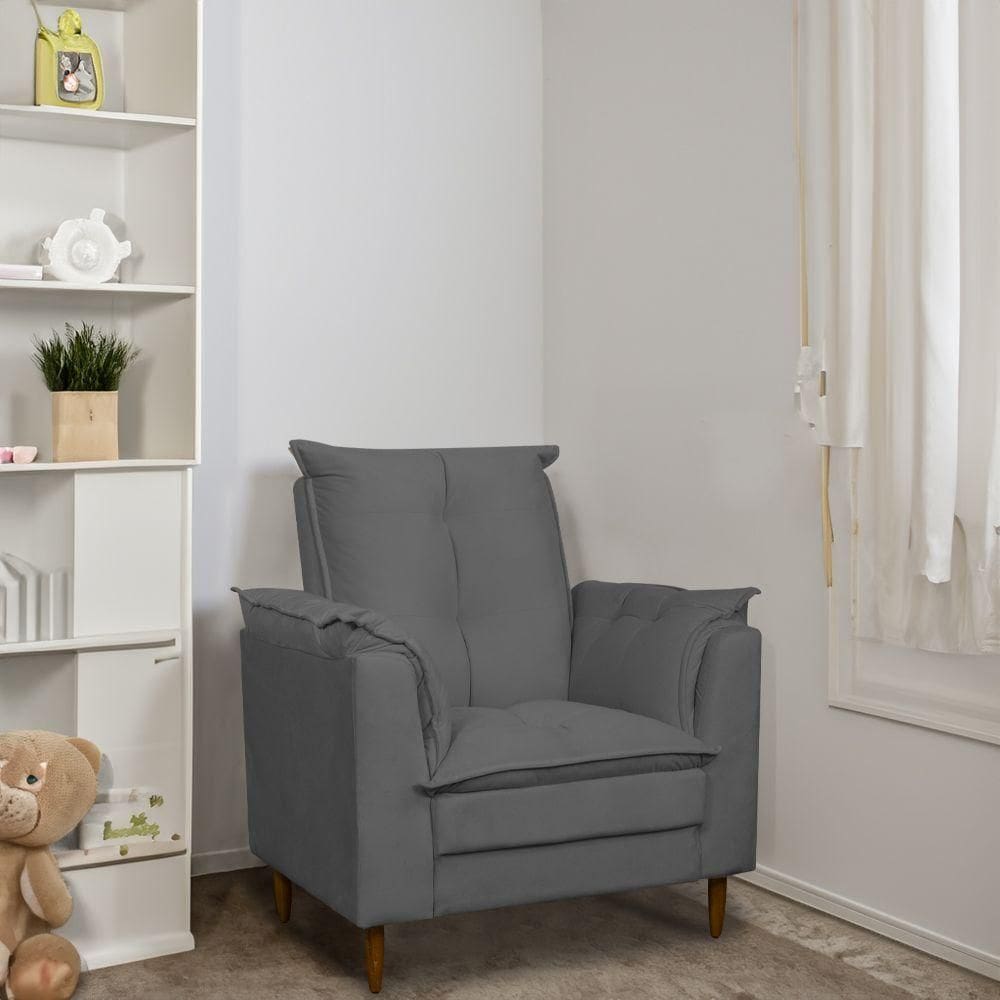Poltrona Amamentação Pés Madeira Maciça Suede Herrero Cor:cinza