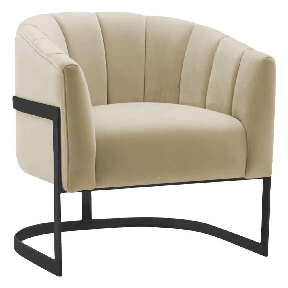 Poltrona Decorativa Sala De Estar Recepção Mavie Base De Ferro Preto Suede Adj Decor Bege