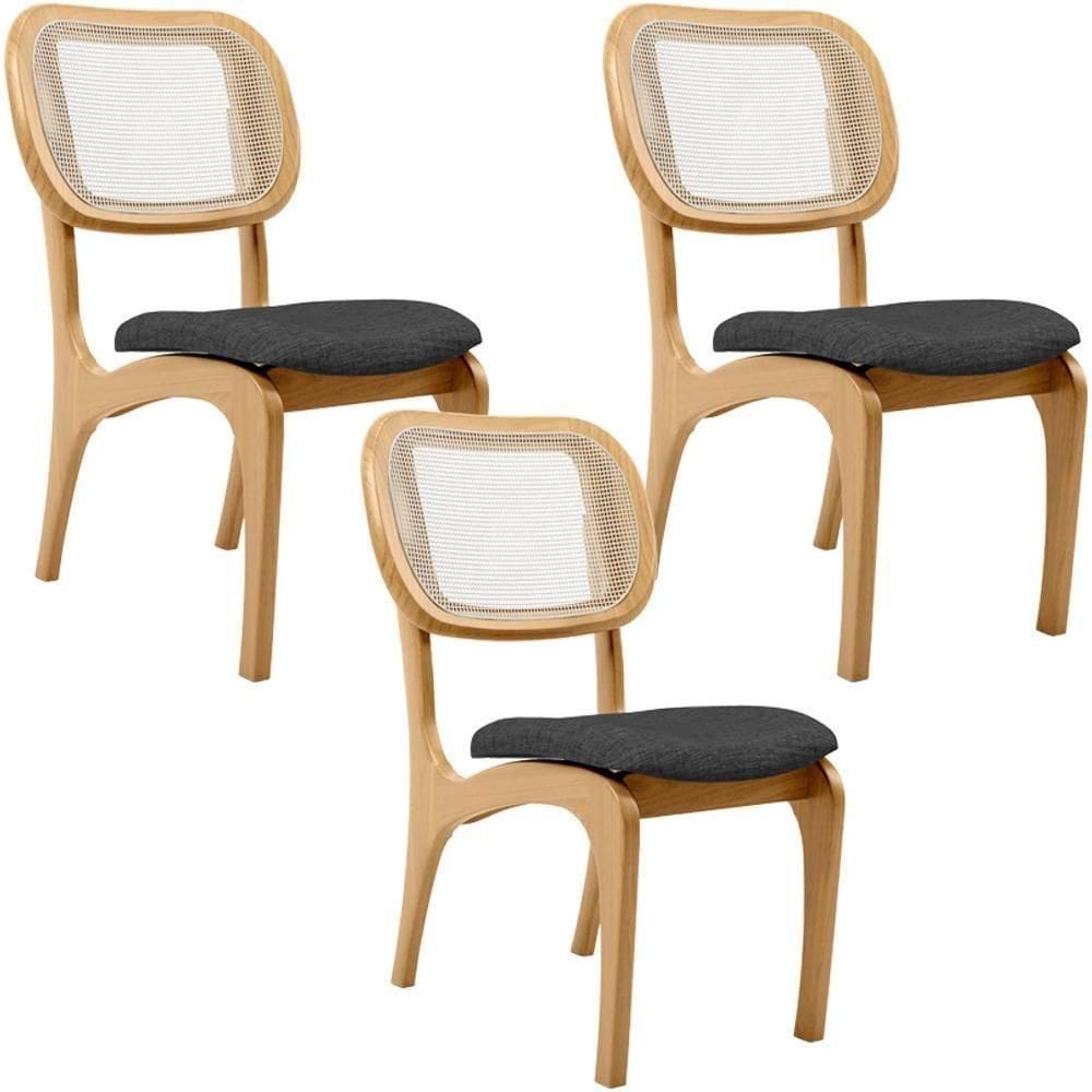 Kit 3 Cadeiras Para Sala De Jantar Estofada E Tela Mariah L02 Linho Cinza Escuro