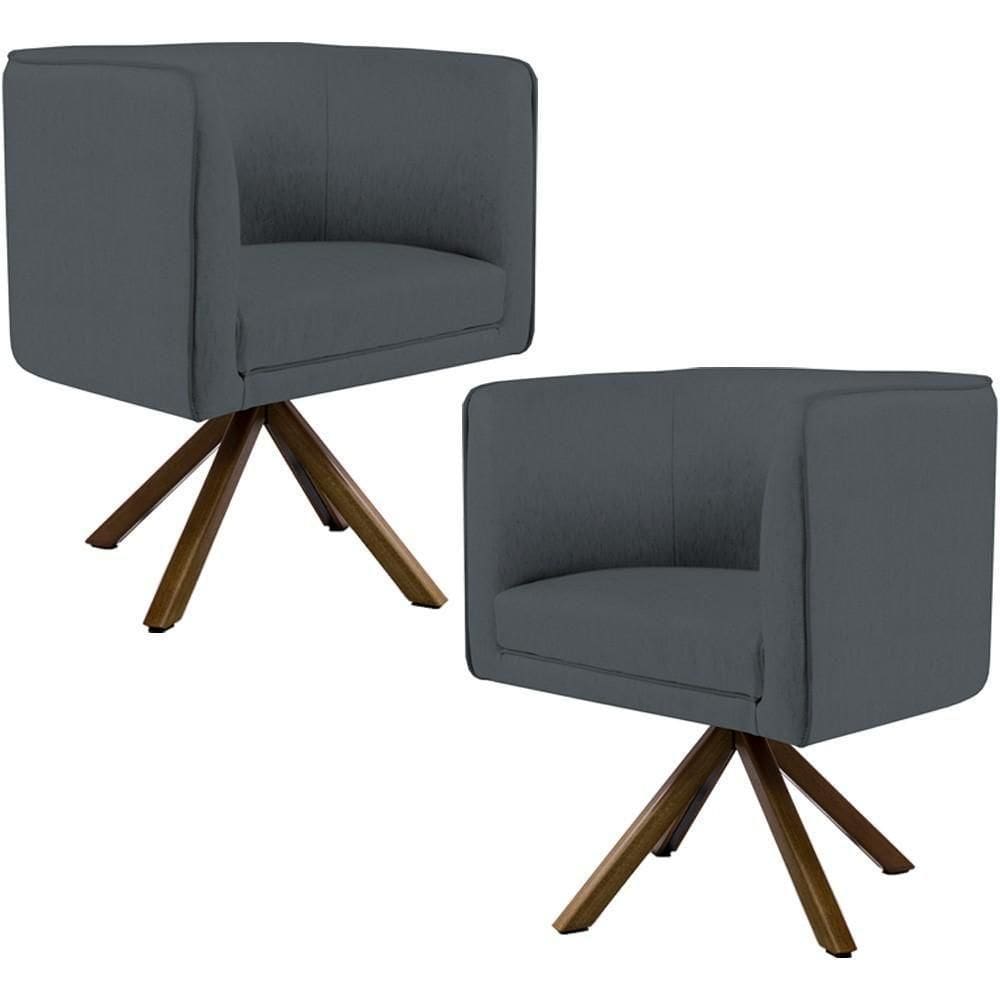 Kit 02 Poltronas Base Giratória De Madeira Corano Cinza
