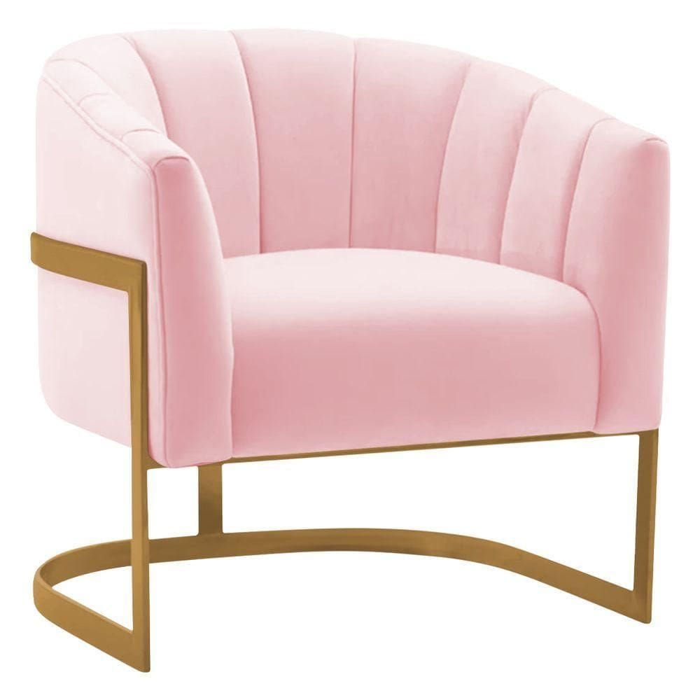 Poltrona Decorativa Sala De Estar Recepção Mavie Base De Ferro Dourado Suede Adj Decor Rosa Bebê