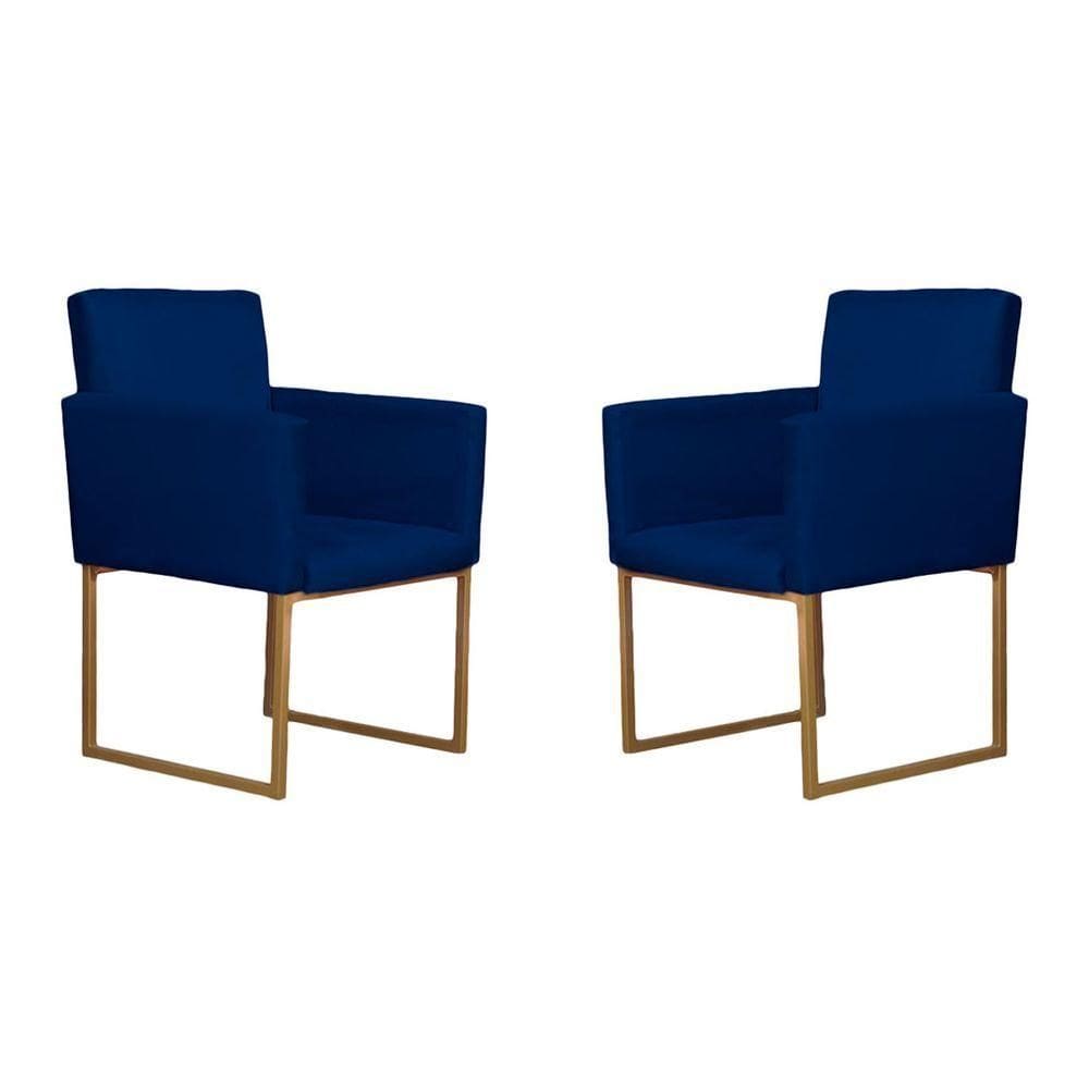 Kit 02 Poltronas Decorativas Klara Base Dourada Em Suede Azul Marinho