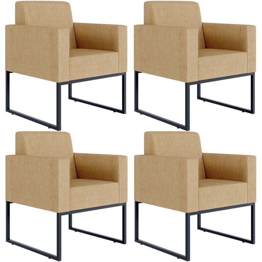 Kit 04 Poltronas Decorativa Sala Recepção Base Fixa De Metal Helô L02 Linho Bege Escuro - Lyam Decor
