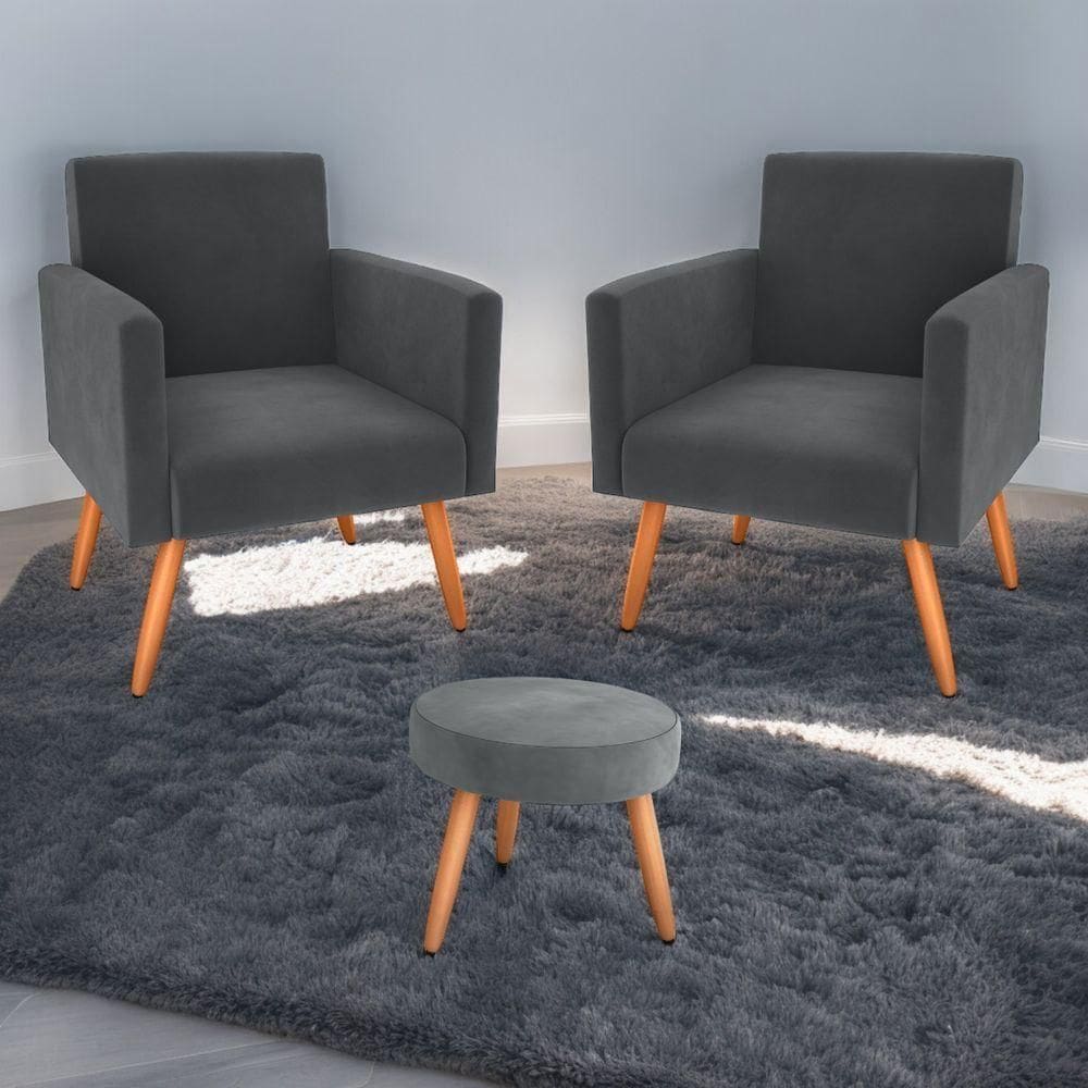 Conjunto Poltronas E Puff Anari Veludo Cinza