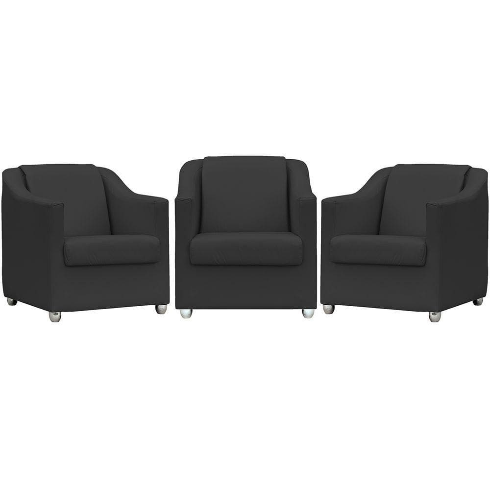 Kit 3 Poltronas Mila Corino Cores Pé De Plástico Cromado - Preto Corino