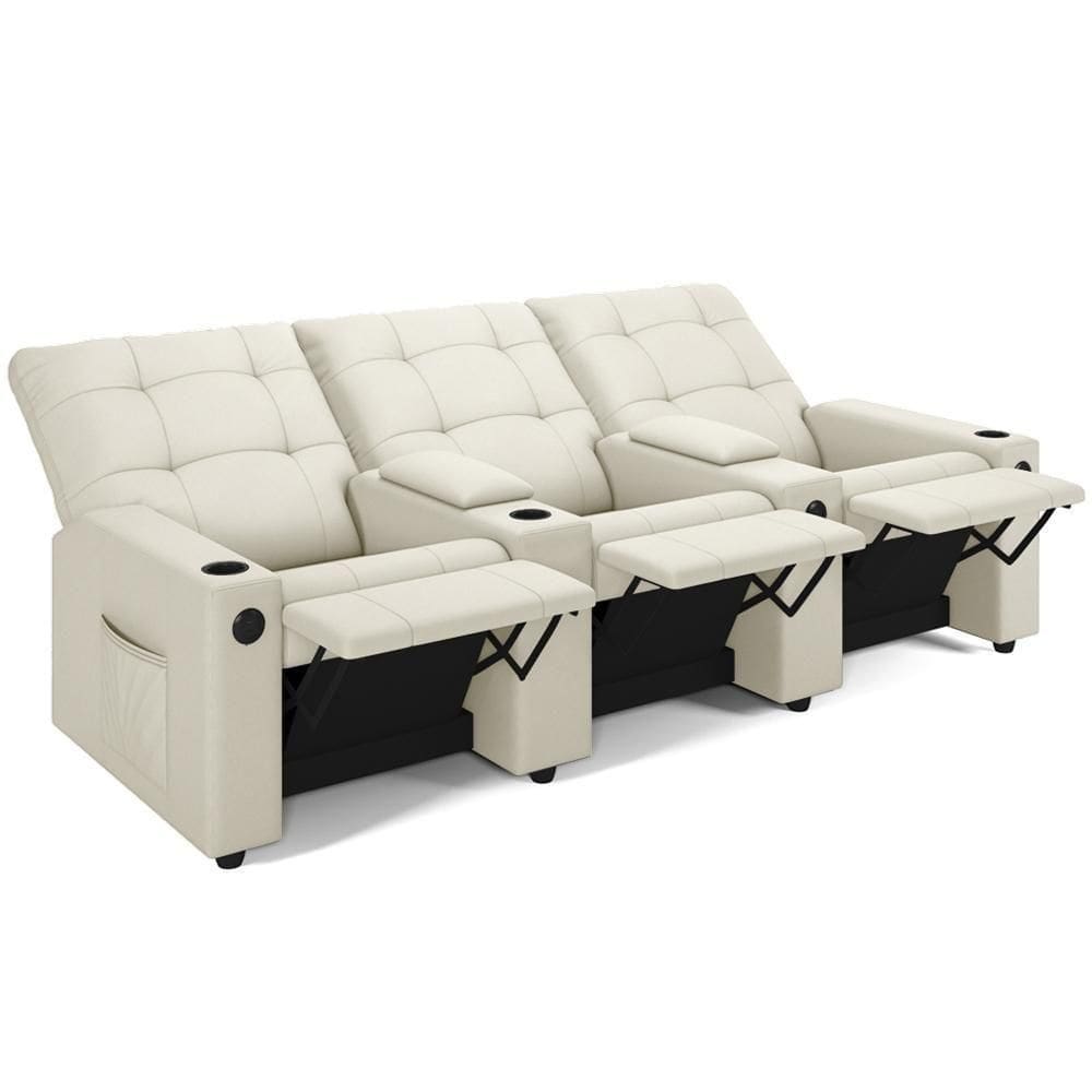 Poltrona Do Papai Reclinável Cinema 3 Lugares Manual Baú Usb Haifa F05 Veludo Bege - Lyam Decor