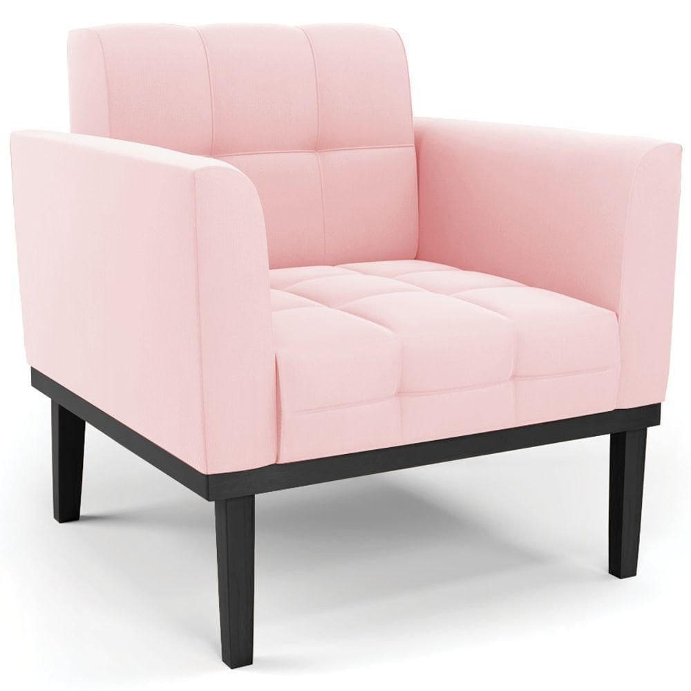 Poltrona Decorativa Base Madeira Preto Ana Suede Rosa Bebê