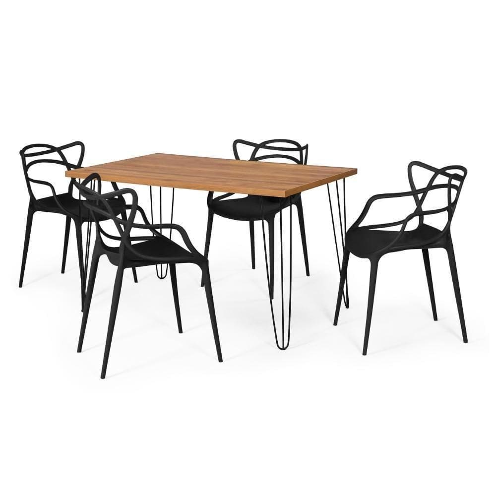 Conjunto Mesa De Jantar Retangular Hairpin Natural 130x80cm Com 4 Cadeiras Allegra - Preto