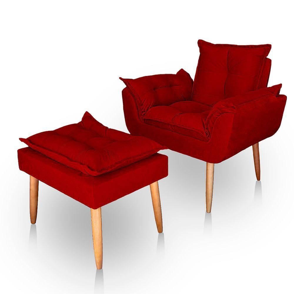 Poltrona Opala Para Sala Com Puff Reforçada Suede Cor Bordô