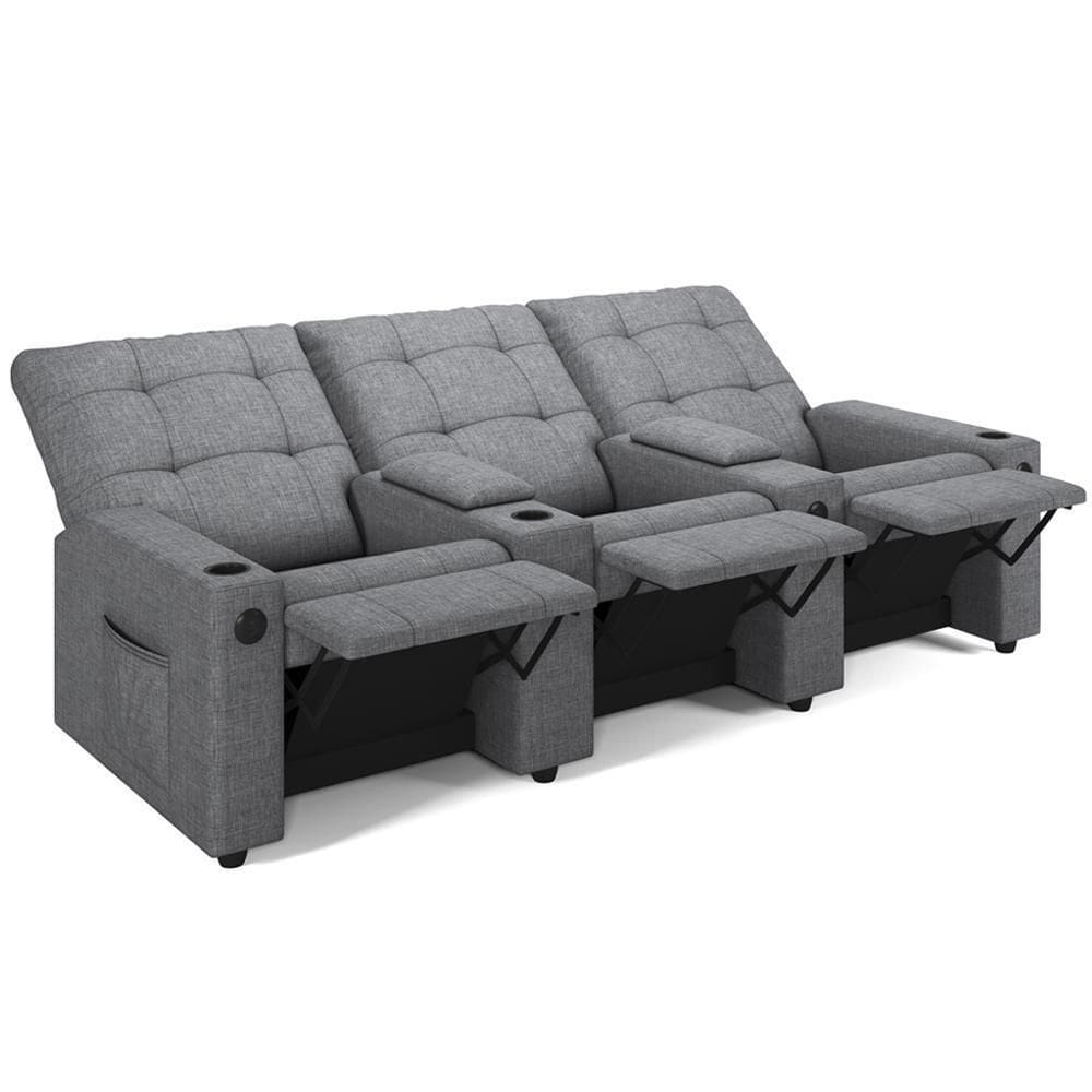 Poltrona Do Papai Reclinável Cinema 3 Lugares Manual Baú Usb Haifa F05 Linho Cinza - Lyam Decor