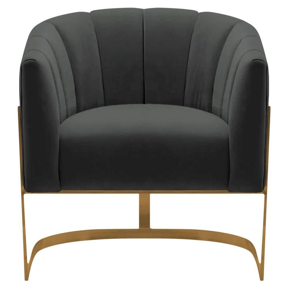 Poltrona Decorativa Sala De Estar Recepção Mavie Base De Ferro Dourado Suede Cinza Escuro