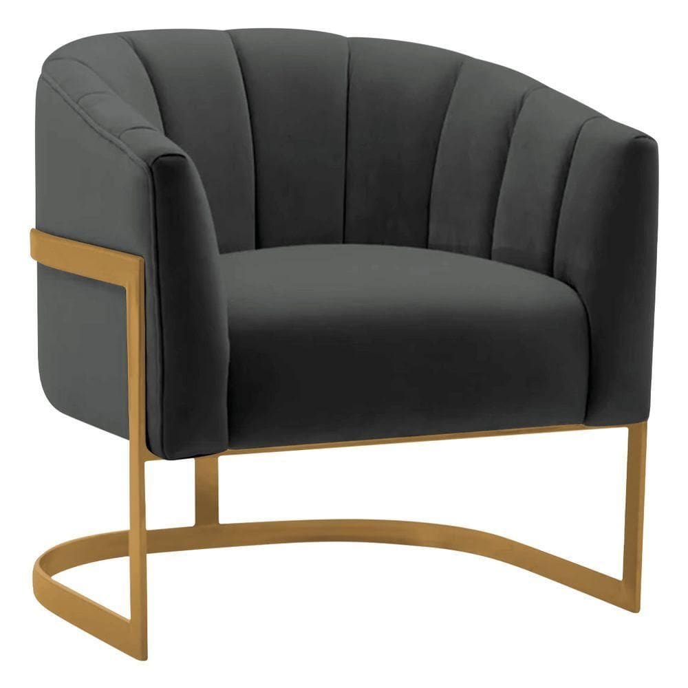 Poltrona Decorativa Sala De Estar Recepção Mavie Base De Ferro Dourado Suede Adj Decor Cinza Escuro