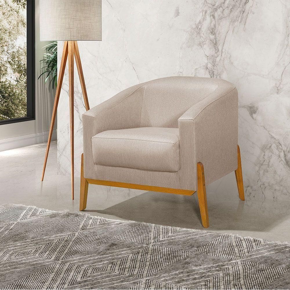 Poltrona Living Base Em Madeira Maciça Flórida Linho Bege - Bege