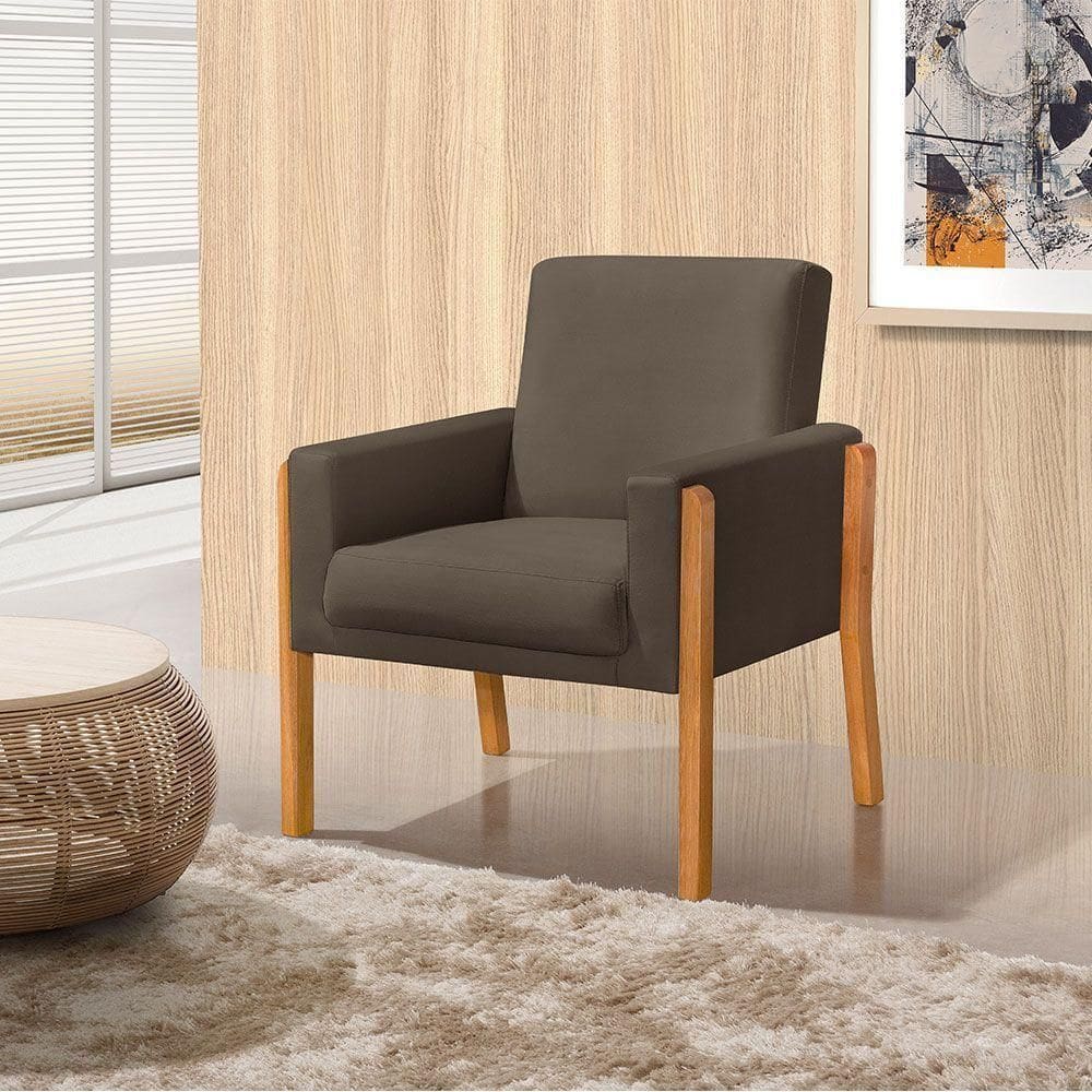 Poltrona Sala De Espera Pés Em Madeira Santorini Veludo Marrom - Marrom