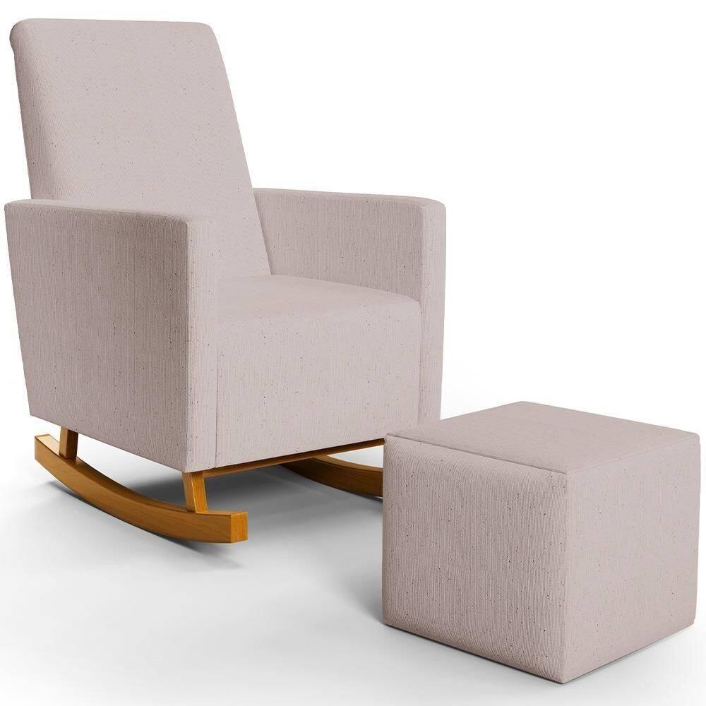 Poltrona De Amamentação Com Balanço E Puff Ravena W01 Linho Bege - Lyam Decor