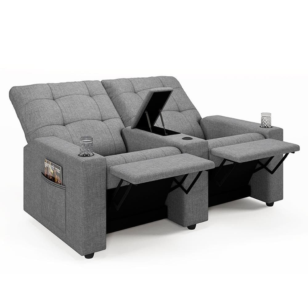 Poltrona Do Papai Reclinável Cinema 2 Lugares Manual Baú Usb Haifa F05 Linho Cinza - Lyam Decor