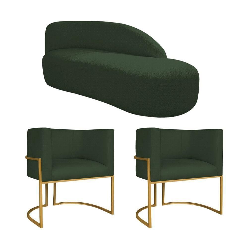 Kit Divã Luna 185cm Lado Direito E 02 Poltronas Base De Ferro Dourado Linho Cor Verde